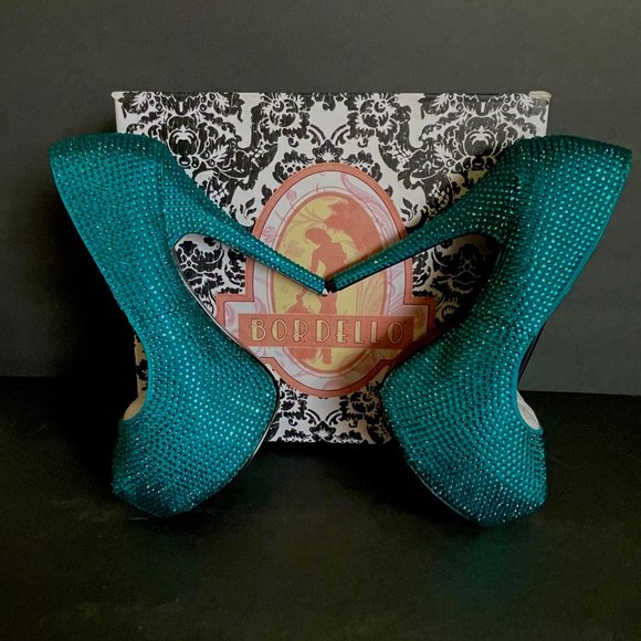 Bordello Teeze Rhinestone Platforms Turquoise Size 8 - Picture 5 of 13